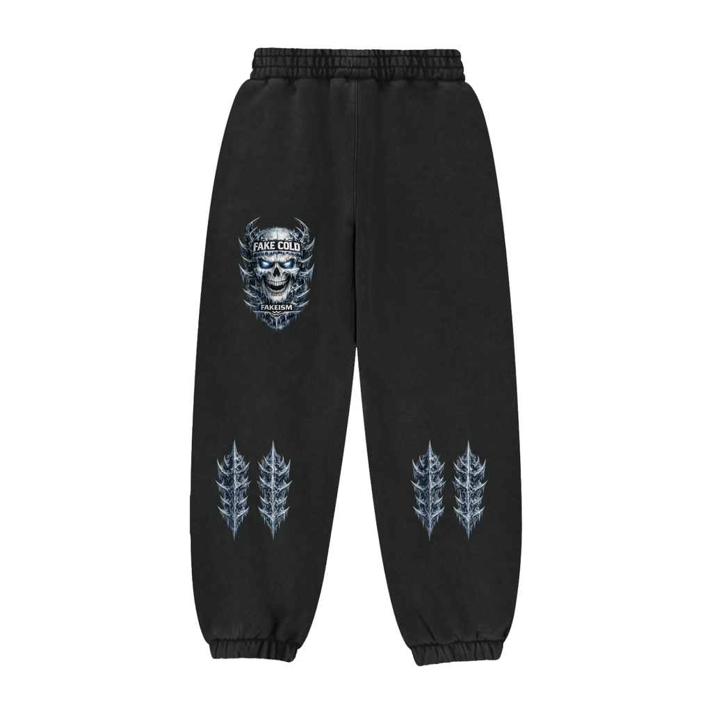 FAKED COLD Skull Fleece Jogger Sweatpants – Washed Black